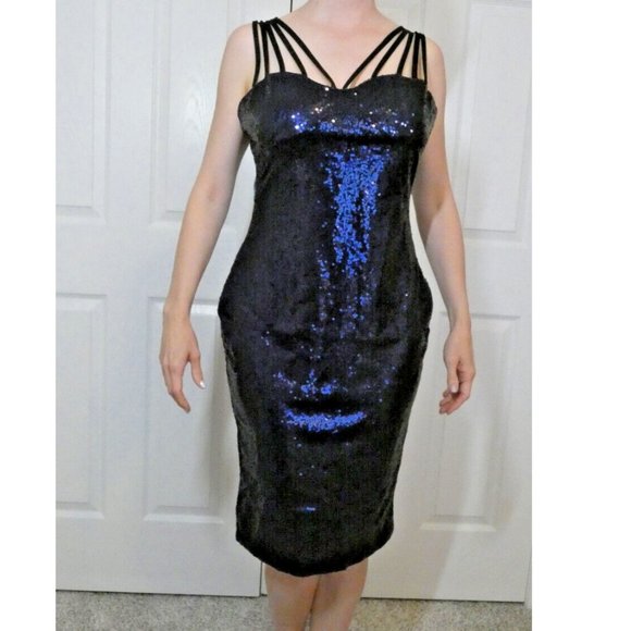 Vintage Vamp Dress Blue Sequins Sexy Prom Goth Cocktail Party Petite Size SP - Picture 2 of 10